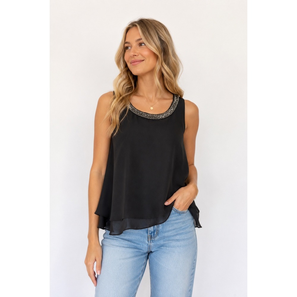 Angie Black Swing Tank Beaded Embellished Neckline Size M Keyhole Back